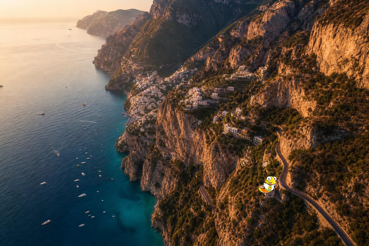 Aerial Amalfi coastline at golden hour, cliffs dropping to blue-green sea, Travel Bug perched at cliffside lookout — HappiTravel wholesale travel