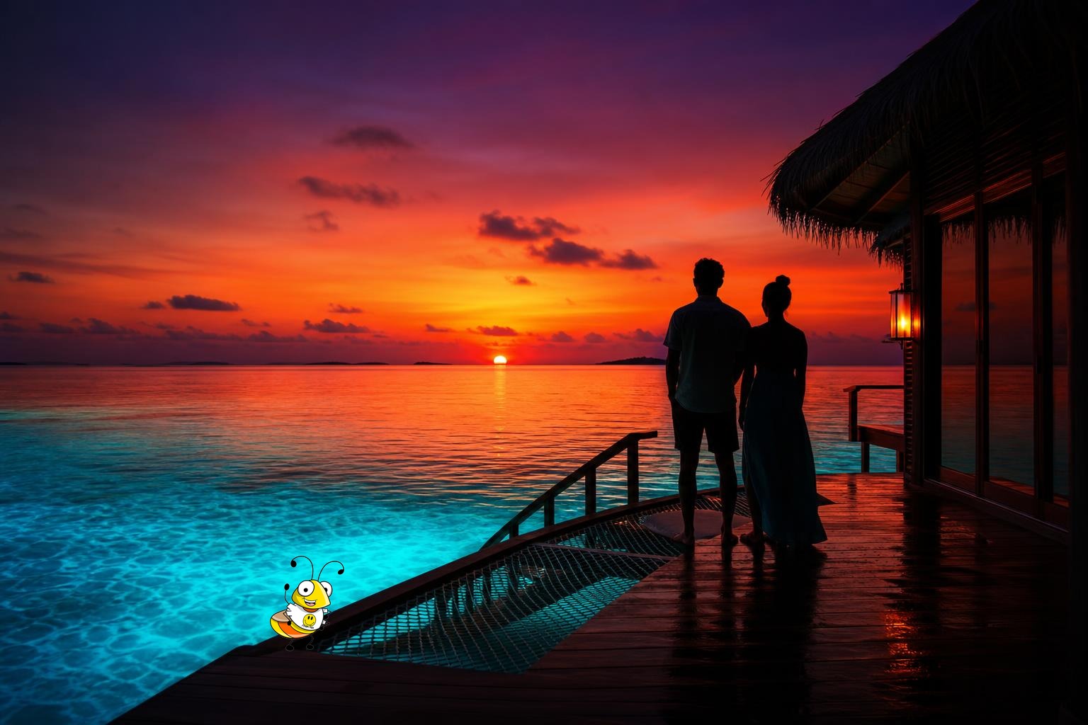 Two silhouettes at Maldives overwater bungalow deck at sunset, Travel Bug tucked on lit hammock — HappiTravel wholesale travel