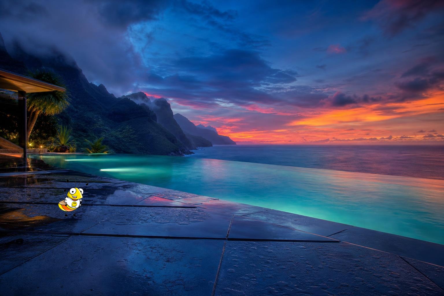 Infinity pool dissolving into ocean at nautical twilight, volcanic cliffs in distance, Travel Bug tucked on wet tile near villa — HappiTravel wholesale travel